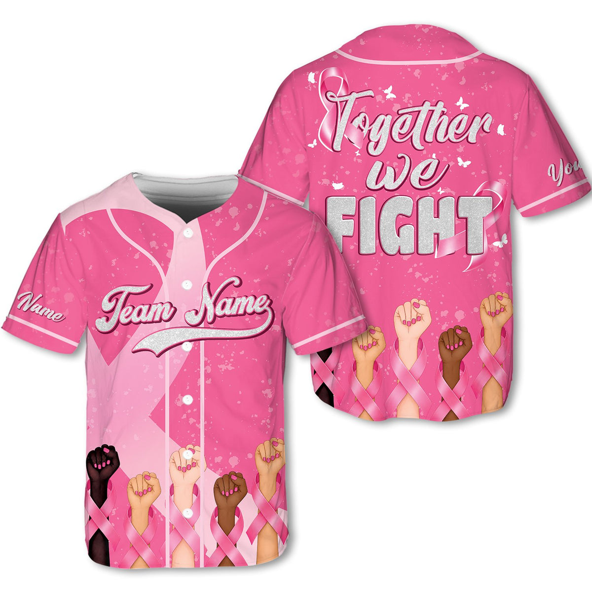 Breast cancer awareness baseball jersey in pink, front view