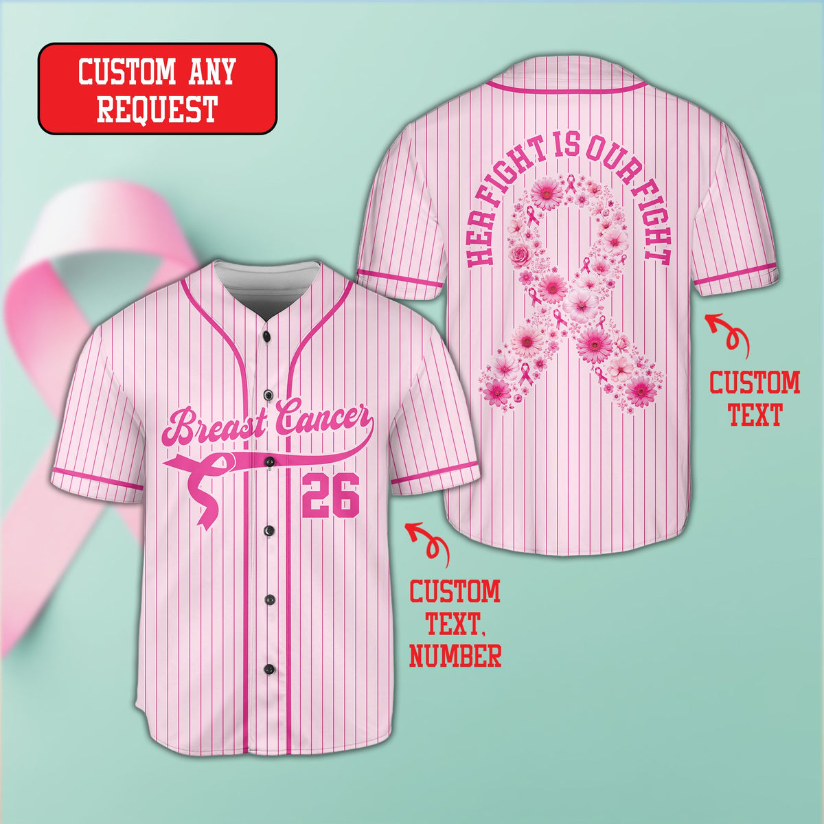 Pink personalized breast cancer awareness baseball jersey showing support squad text, front view