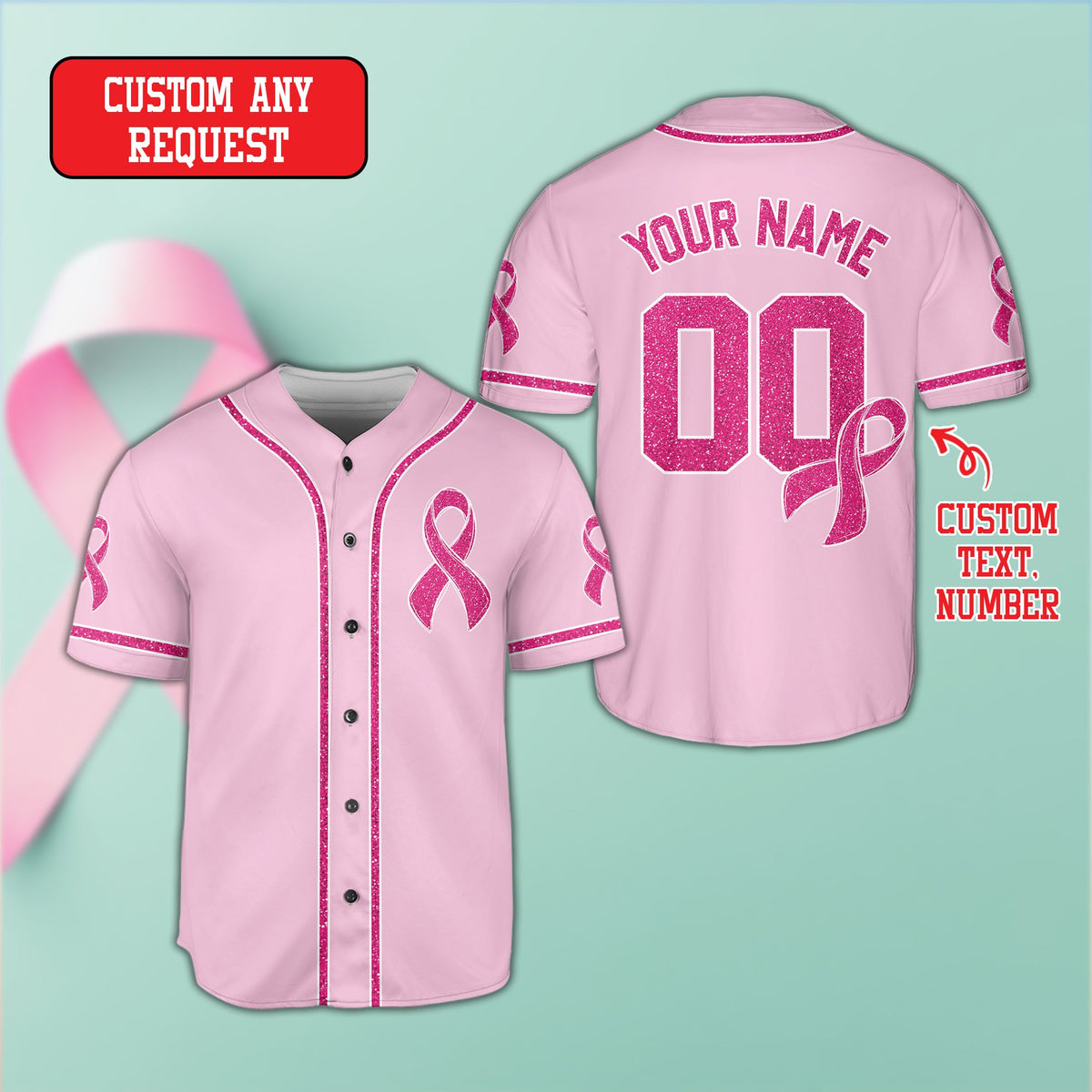 Second pink front view of the personalized baseball jersey