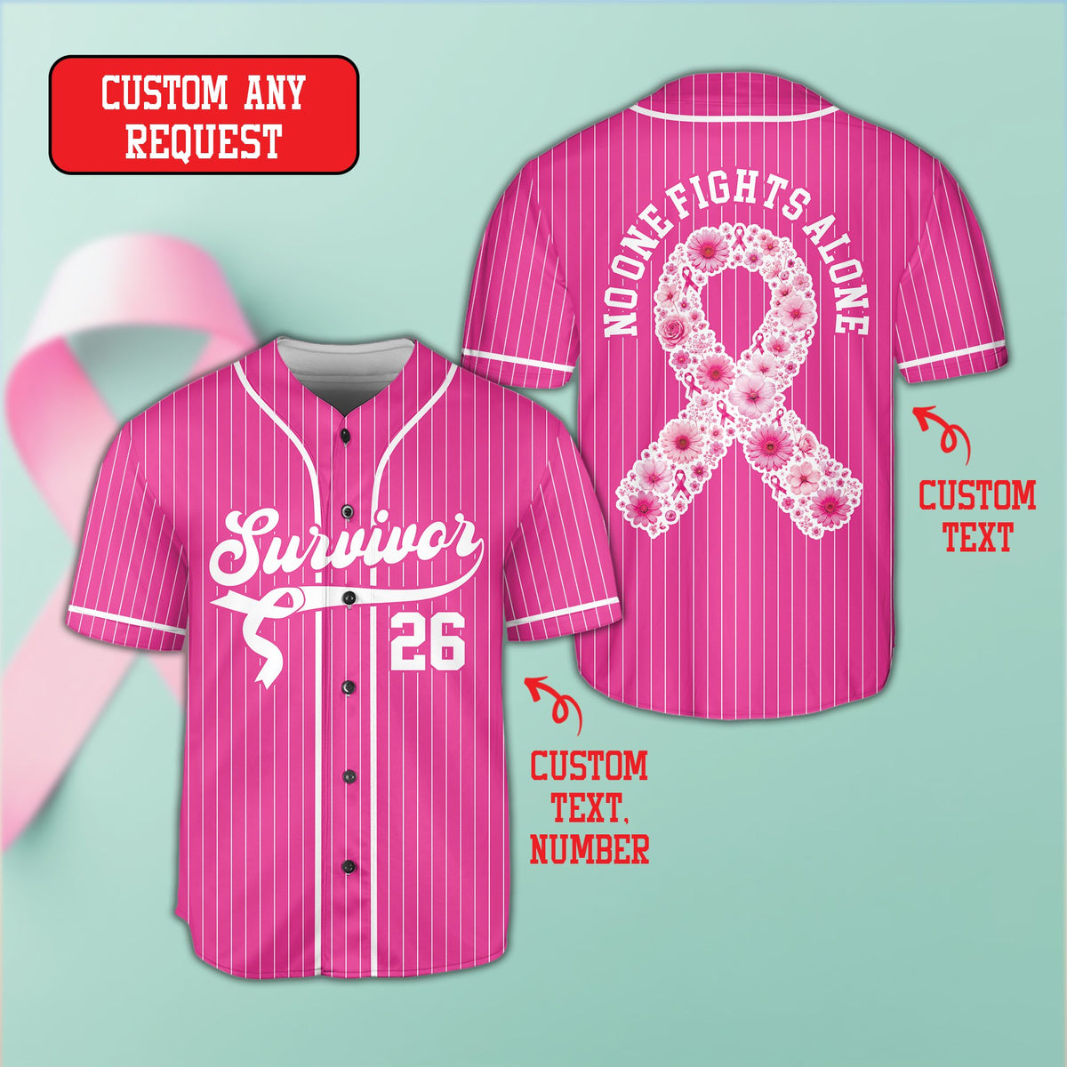 Pink personalized breast cancer awareness baseball jersey with floral ribbon, front view