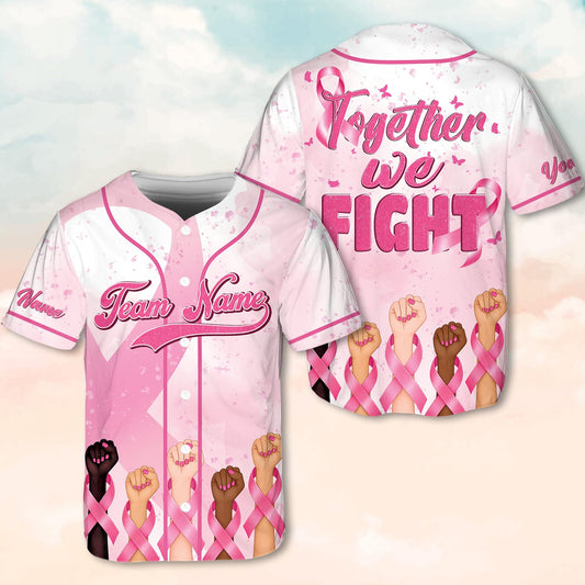 Personalized breast cancer awareness baseball jersey featuring pink ribbons and custom name, main view