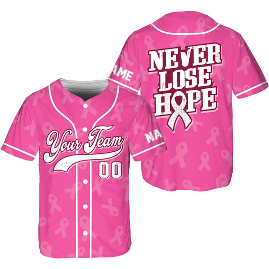 Personalized breast cancer awareness baseball jersey with custom name and number, main view