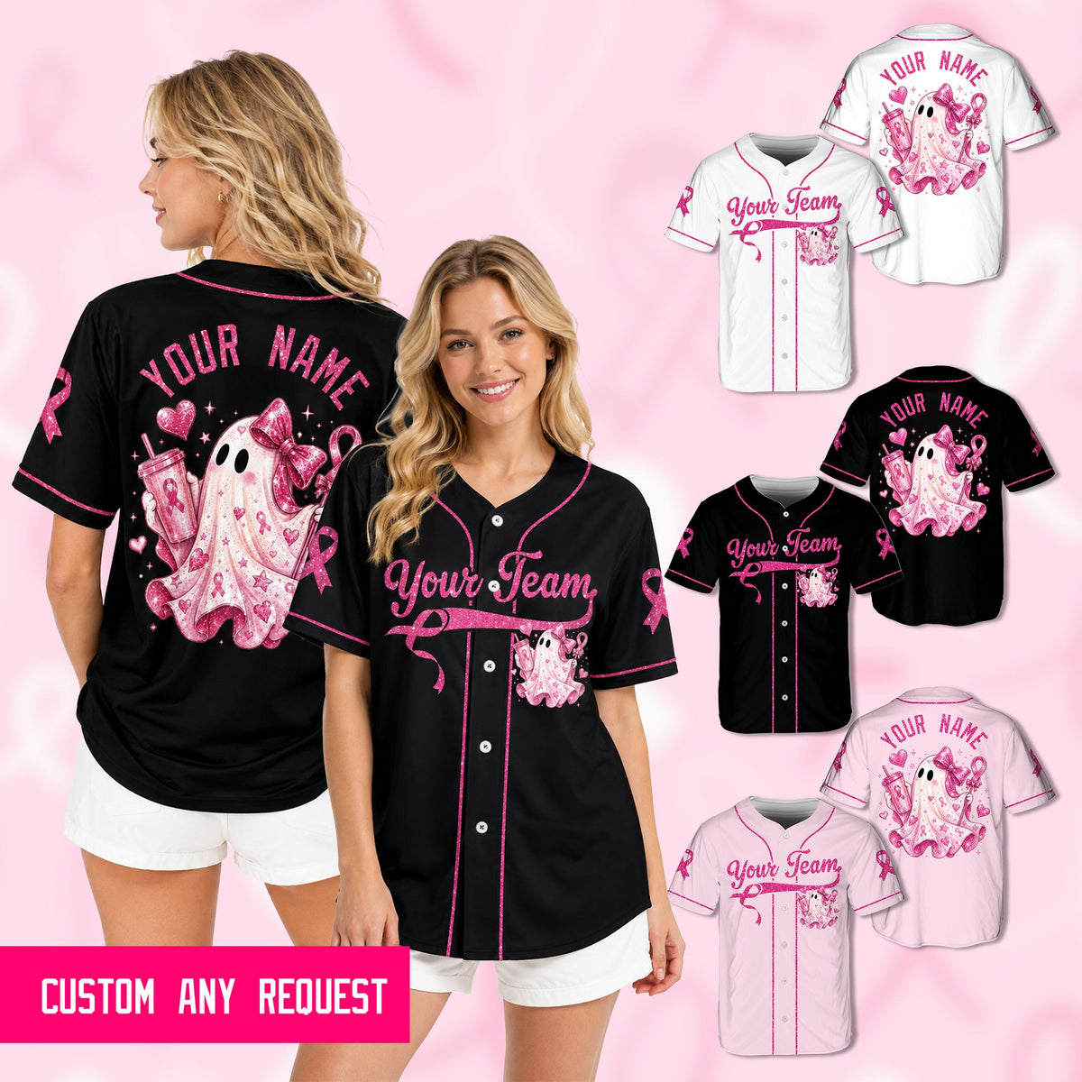 Lifestyle view of a person wearing the pink breast cancer awareness custom baseball jersey