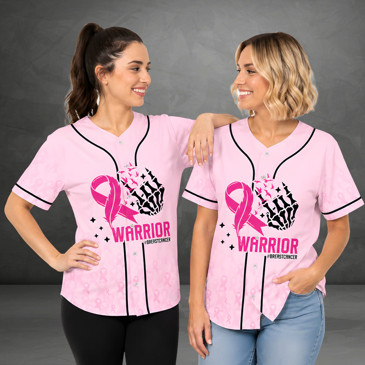 Third lifestyle view highlighting the pink breast cancer awareness baseball jersey being worn