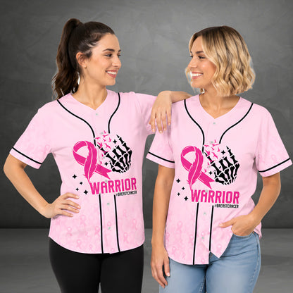 Third lifestyle view highlighting the pink breast cancer awareness baseball jersey being worn