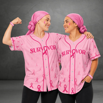 Person wearing a pink breast cancer baseball jersey showing the design