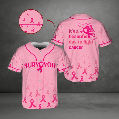 Pink breast cancer awareness baseball jersey highlighting the back design