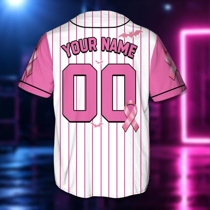 Back view of the personalized baseball jersey showing custom name, number, and pink awareness ribbon