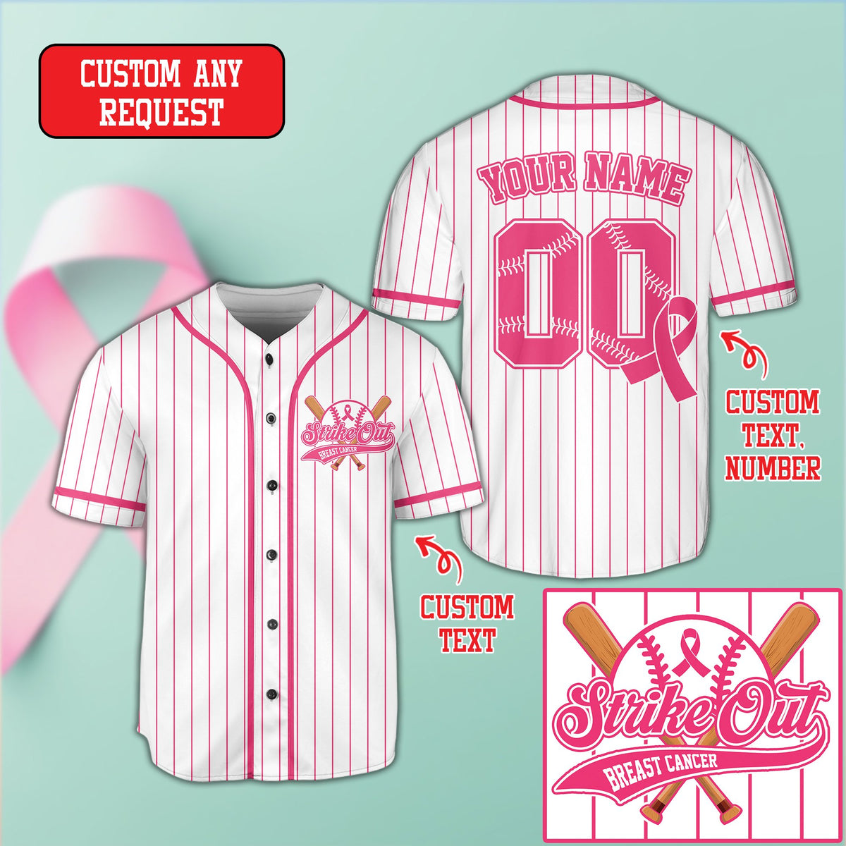 Front view of the white pinstripe breast cancer awareness baseball jersey showing the crossed bats graphic