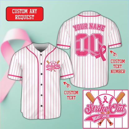 White breast baseball jersey with personalized name and number overlapping a pink ribbon, front and back view