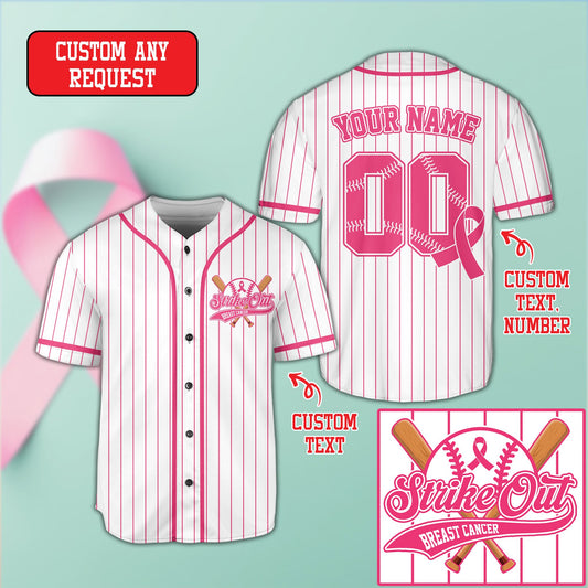 White breast baseball jersey with personalized name and number overlapping a pink ribbon, front and back view