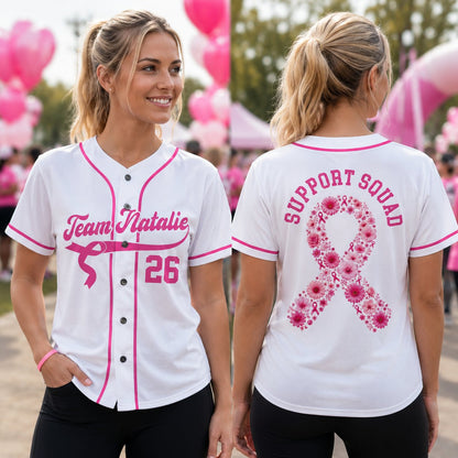 White personalized breast cancer awareness baseball jersey with custom name and number, main view