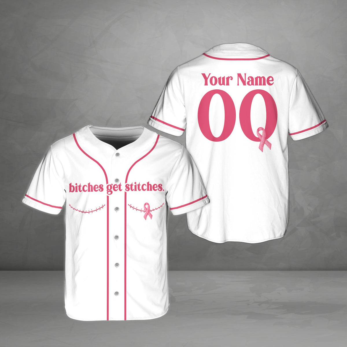 White personalized baseball jersey with breast cancer awareness graphic, front view