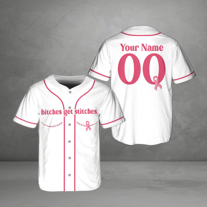 White personalized baseball jersey with breast cancer awareness graphic, front view