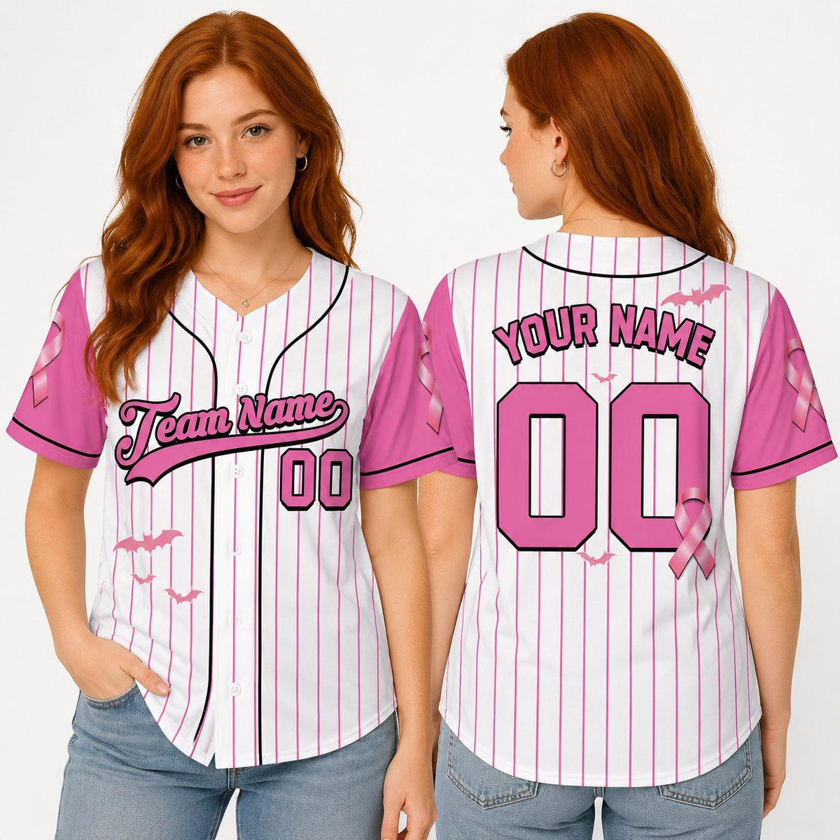 White and pink personalized breast baseball jersey with custom name and number, main view