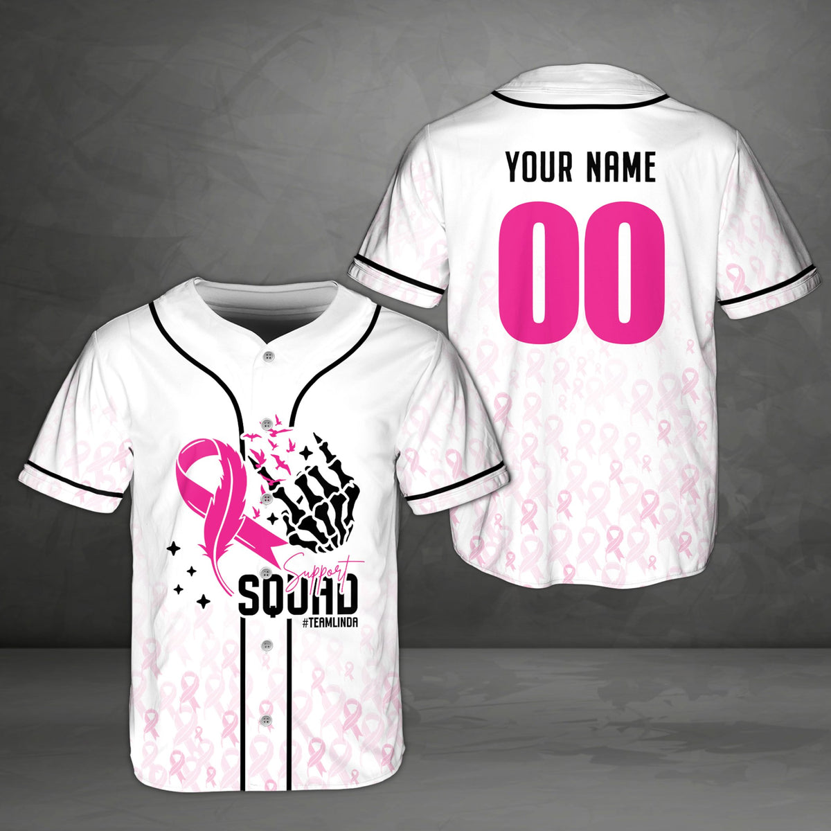 Main view of a personalized white baseball jersey featuring a pink breast cancer awareness ribbon and skeleton hand design