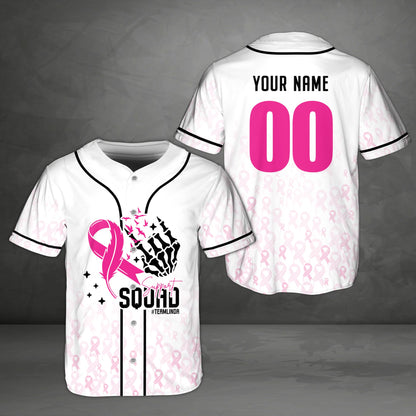 Main view of a personalized white baseball jersey featuring a pink breast cancer awareness ribbon and skeleton hand design