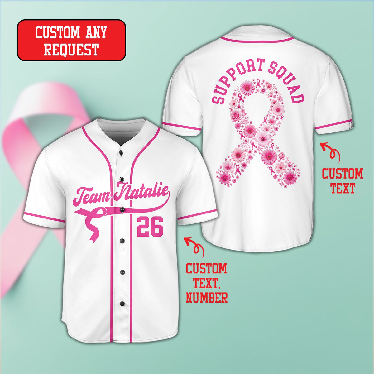 White personalized breast cancer awareness baseball jersey showing pink ribbon design, front view
