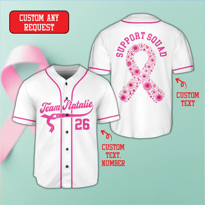 White personalized breast cancer awareness baseball jersey showing pink ribbon design, front view