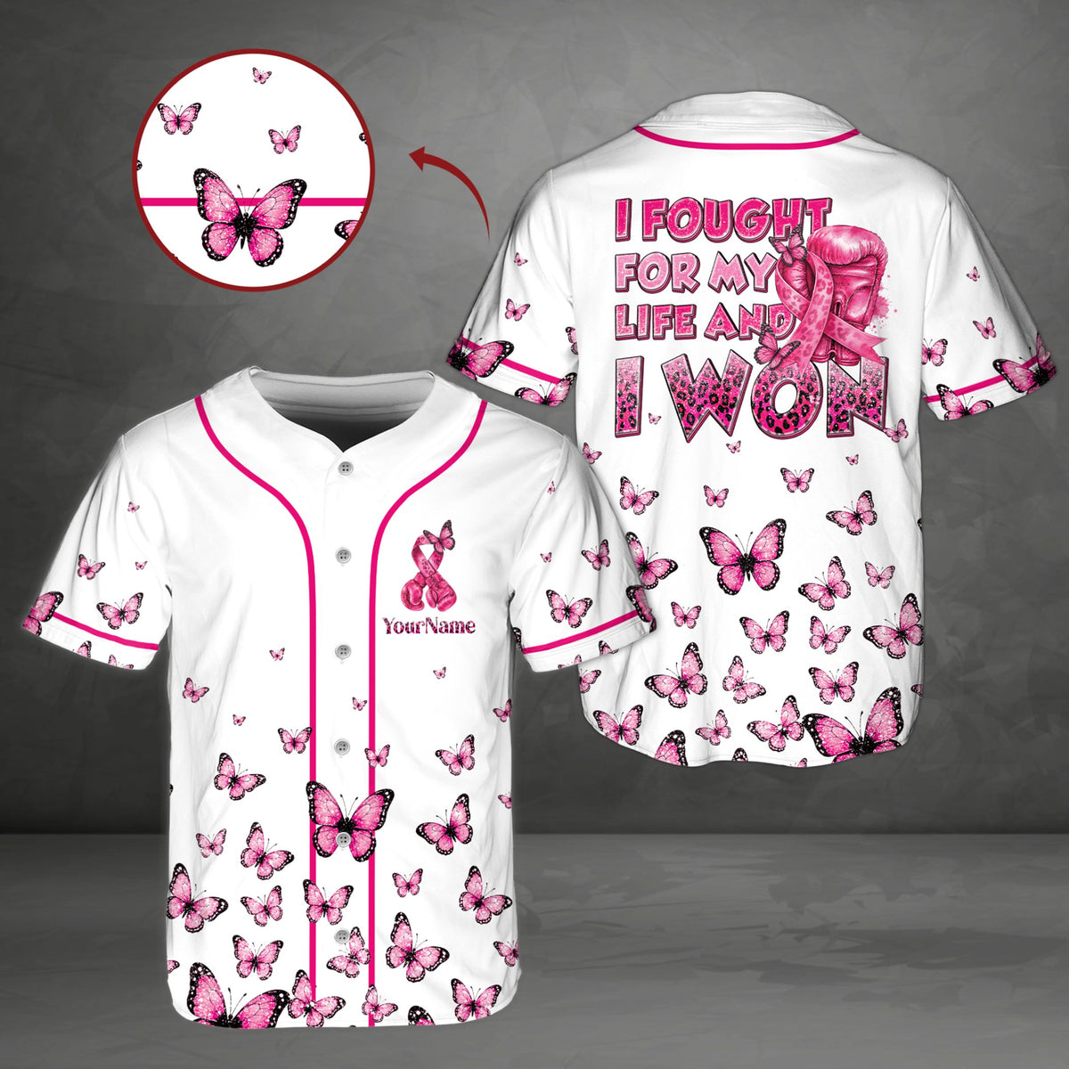 Personalized breast cancer baseball jersey in white with custom name, main view