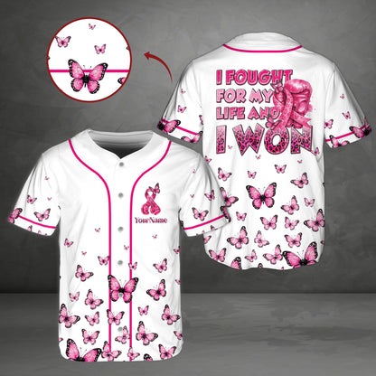 Personalized breast cancer baseball jersey in white with custom name, main view