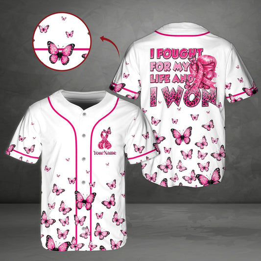 Personalized breast cancer baseball jersey in white with custom name, main view