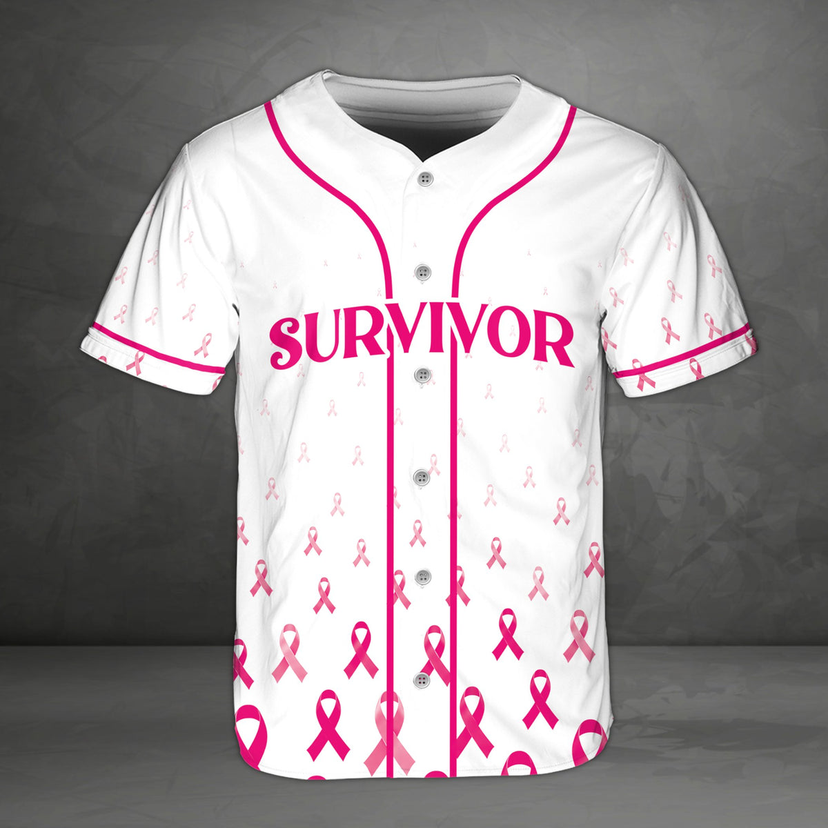 White breast cancer awareness baseball jersey with Survivor text and pink ribbons, front view