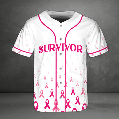 White breast cancer awareness baseball jersey with Survivor text and pink ribbons, front view