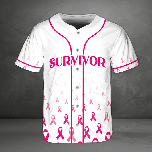 White breast cancer awareness baseball jersey with Survivor text and pink ribbons, front view