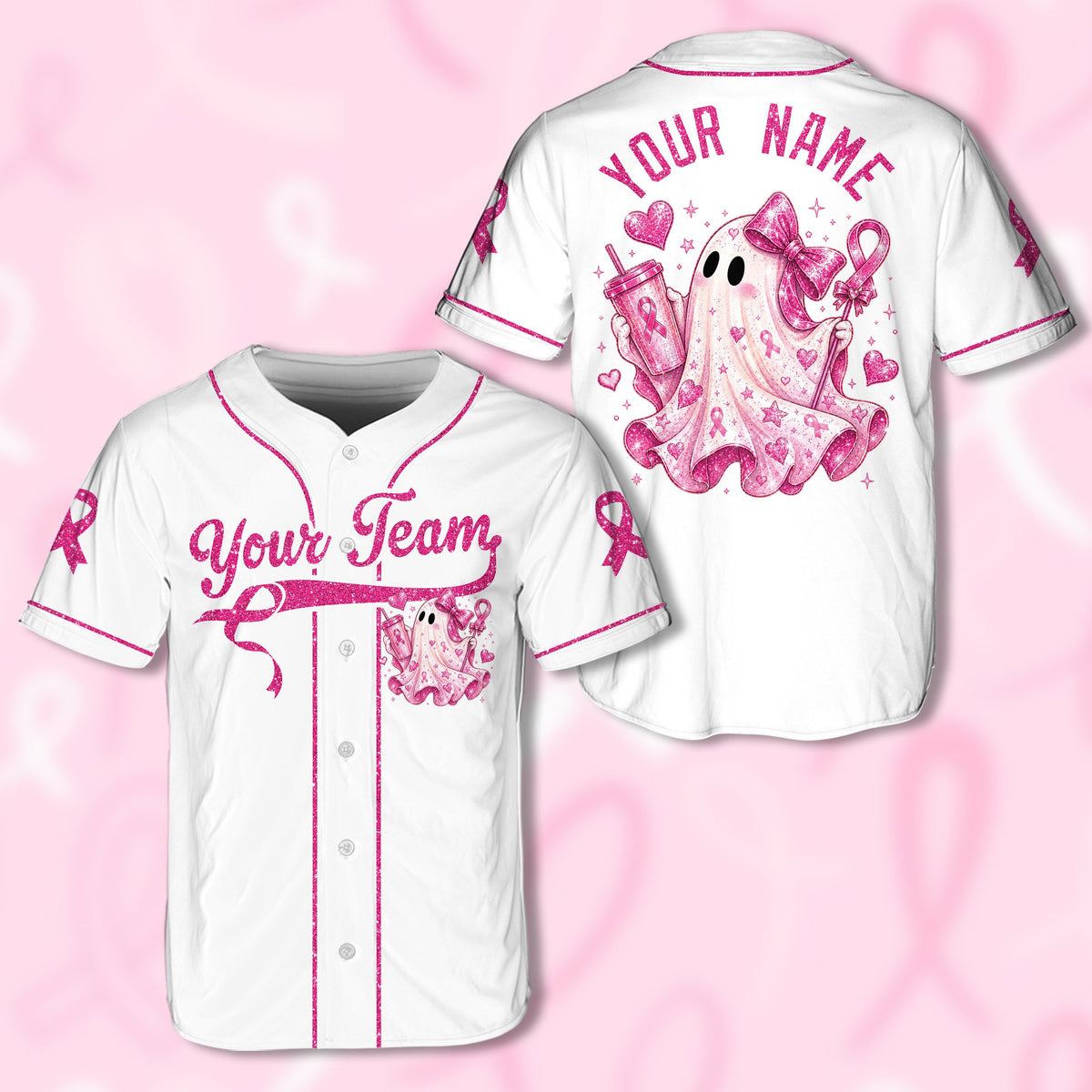 White breast cancer awareness baseball jersey featuring a pink ghost, stars, and hearts, front view