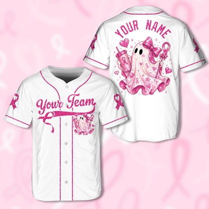 White breast cancer awareness baseball jersey featuring a pink ghost, stars, and hearts, front view