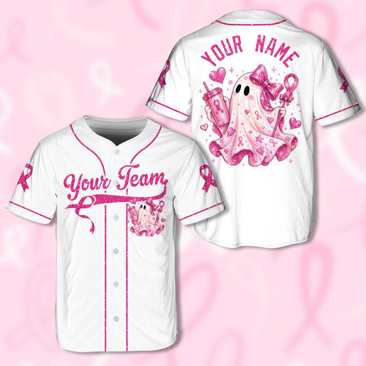 White breast cancer awareness baseball jersey featuring a pink ghost, stars, and hearts, front view