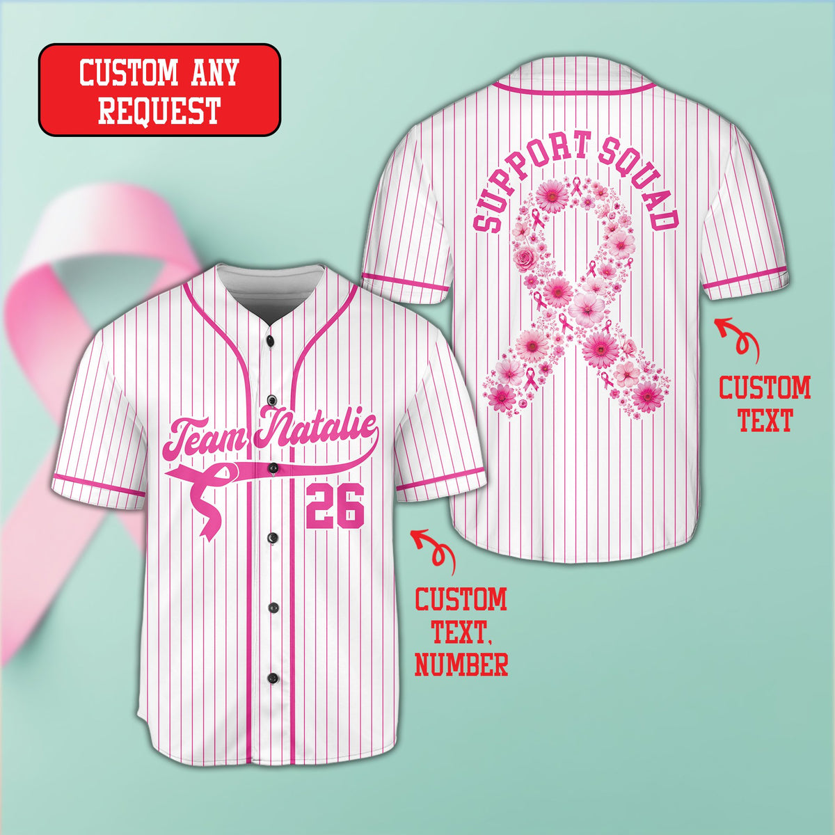 White breast cancer awareness baseball jersey showing custom text, front view