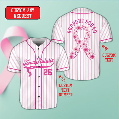 White breast cancer awareness baseball jersey showing custom text, front view
