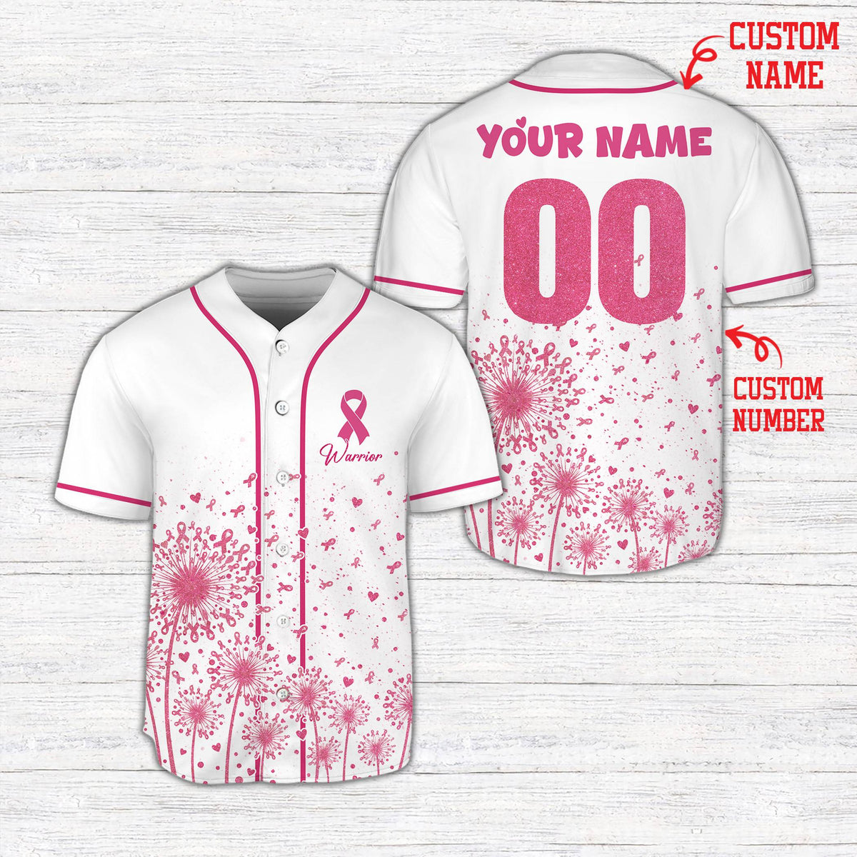 White personalized floral baseball jersey with breast cancer awareness design, front view