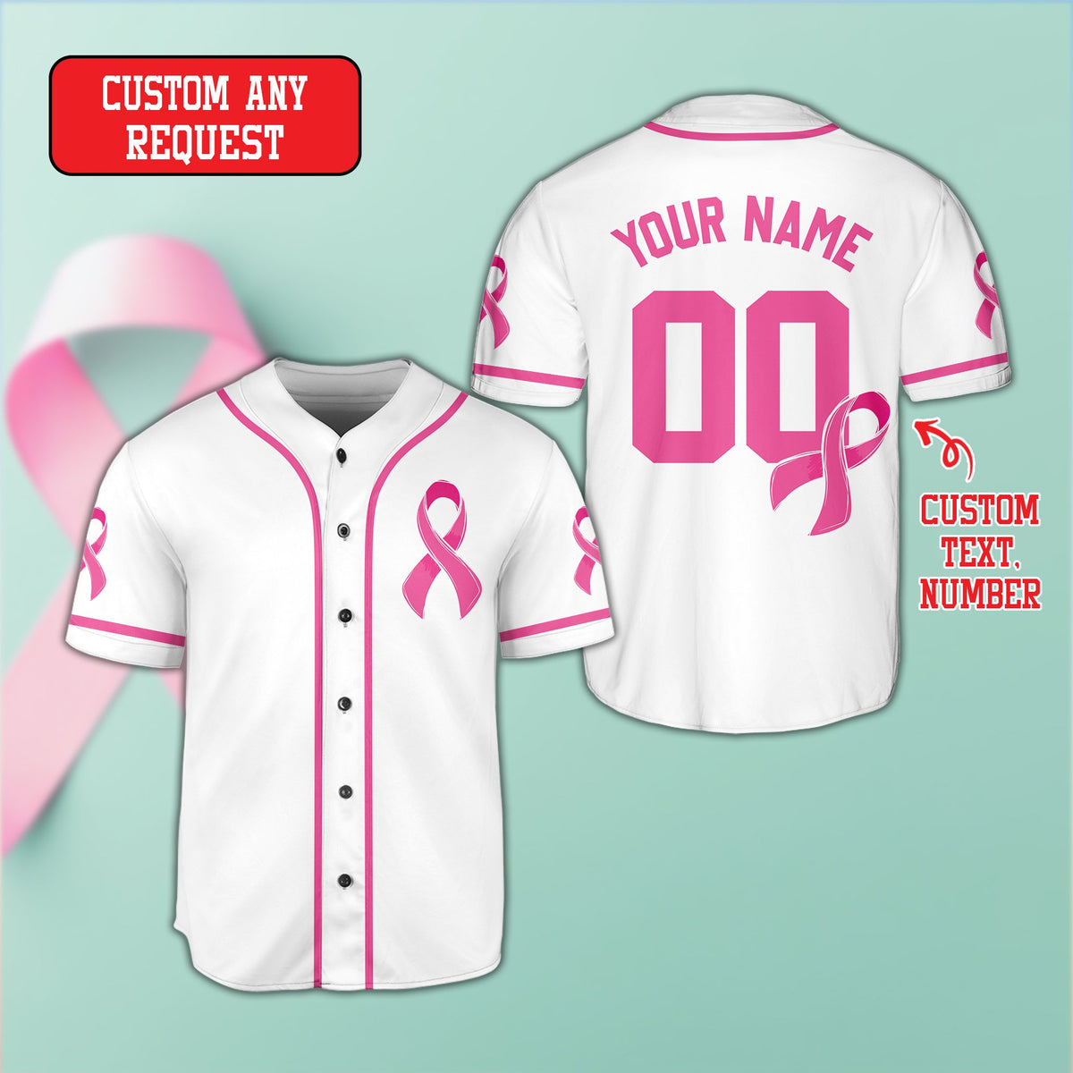 White personalized baseball jersey showing pink ribbon design, front view
