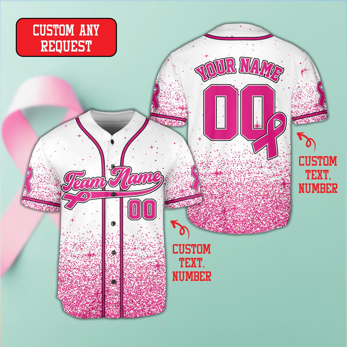 White breast cancer awareness baseball jersey with pink accents, front view