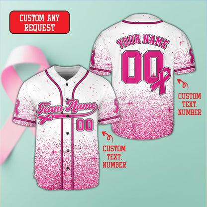 White breast cancer awareness baseball jersey with pink accents, front view