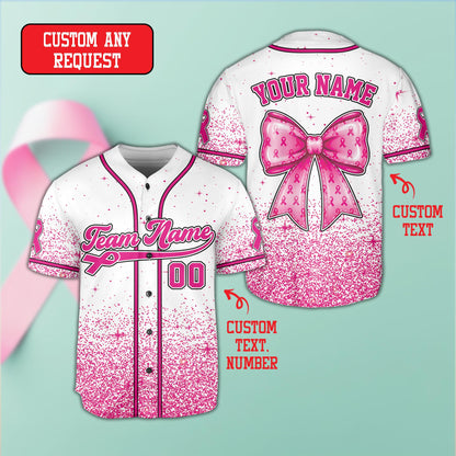 Front view of personalized breast cancer awareness baseball jersey white
