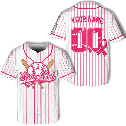 White breast cancer awareness baseball jersey with pink pinstripes and personalized details, front view
