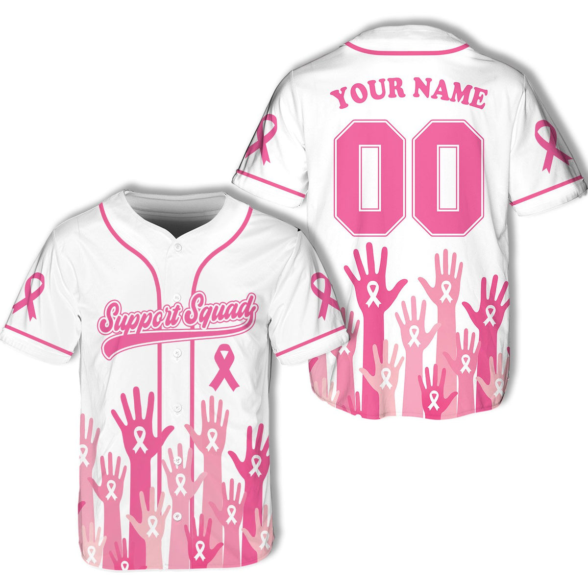 White background front view of the breast cancer awareness baseball jersey