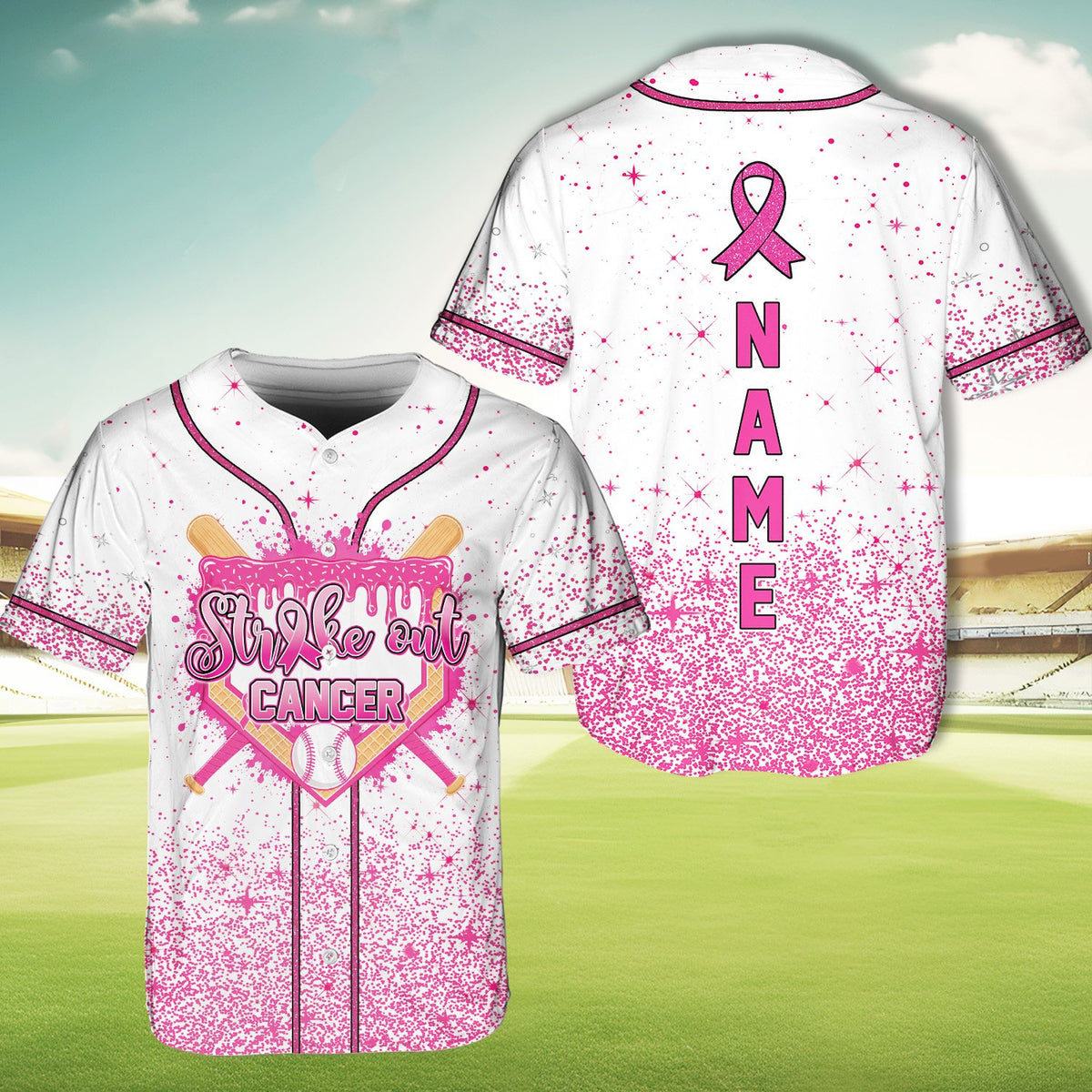 White custom name baseball jersey pink ribbon, front view 9