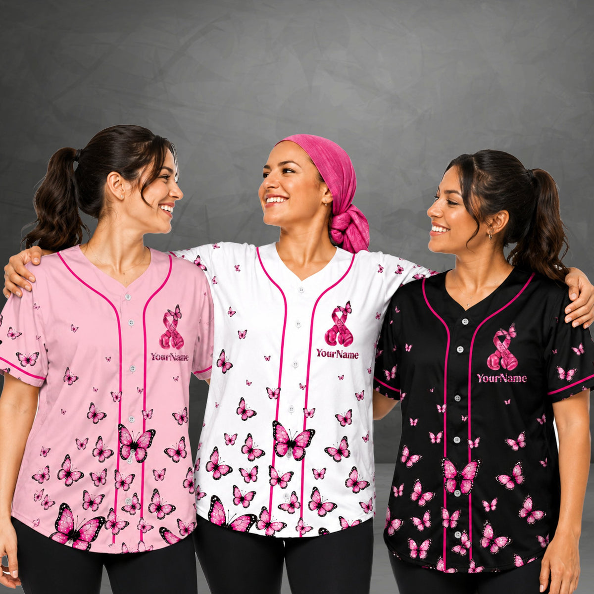 Second lifestyle view of the custom white breast cancer baseball jersey