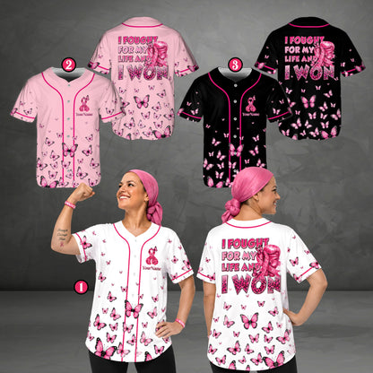 Lifestyle view of a person wearing the white breast cancer baseball jersey