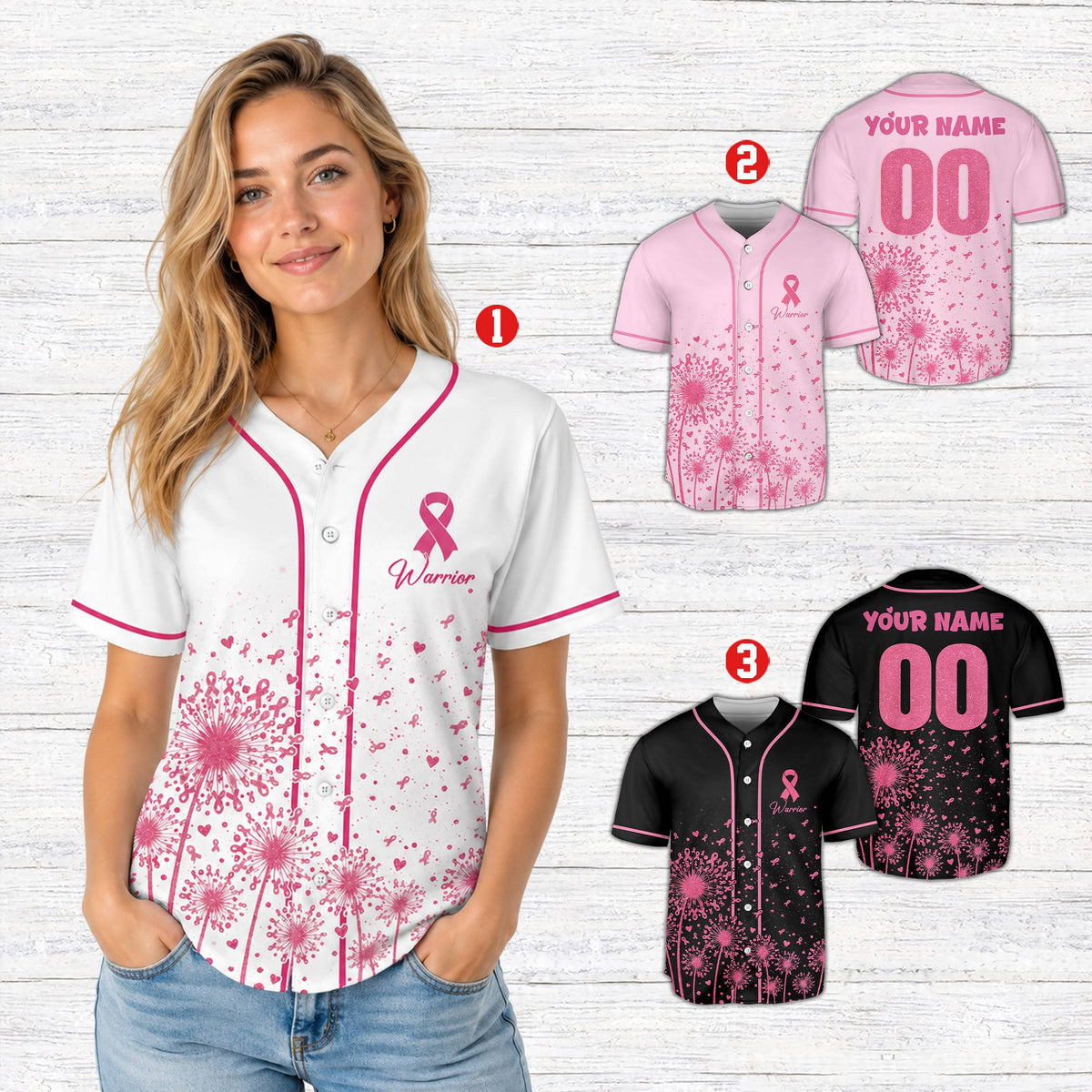 Lifestyle view of a personalized breast cancer awareness baseball jersey