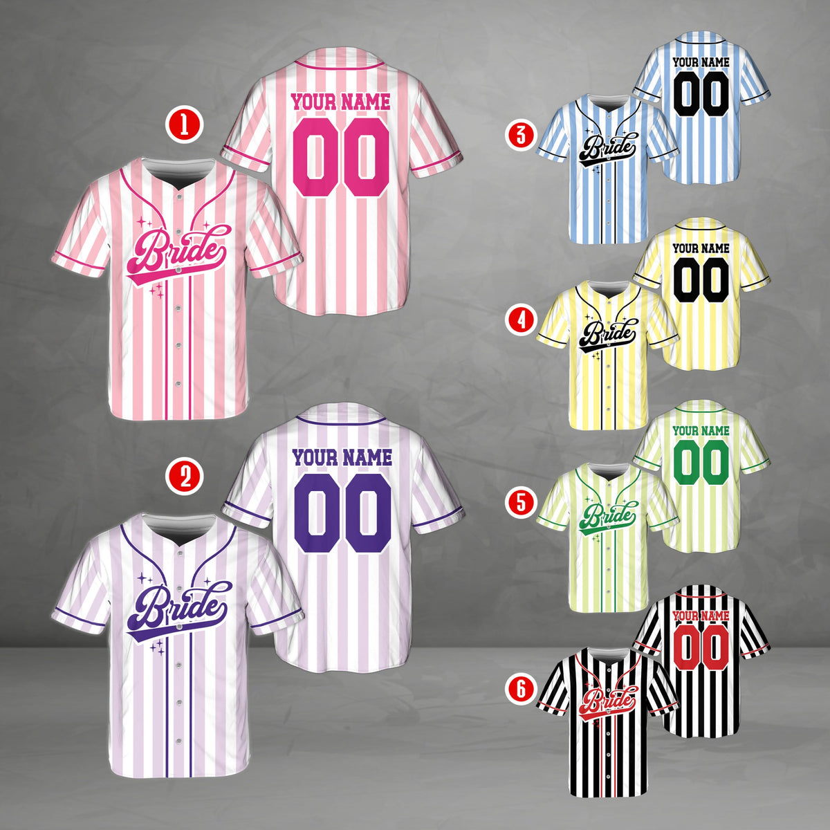Close-up of multicolor custom baseball jerseys with pinstripes