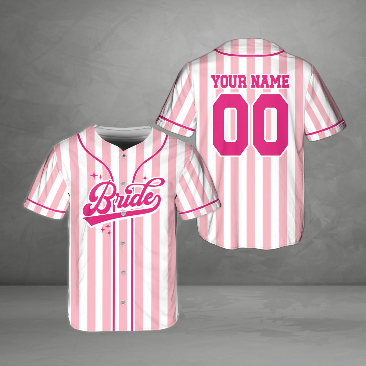 Back view of a pink bridal baseball jersey with custom name and number