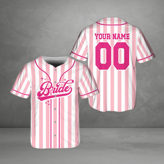Personalized pink wedding bride baseball jersey with custom name and number, main view