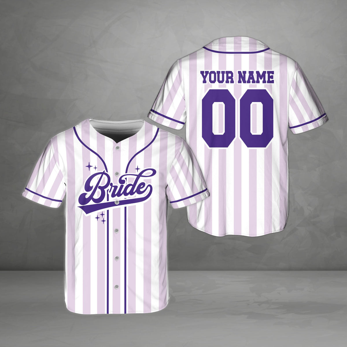 Front view of a purple bridal baseball jersey with cursive Bride text and sparkles
