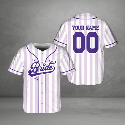 Front view of a purple bridal baseball jersey with cursive Bride text and sparkles